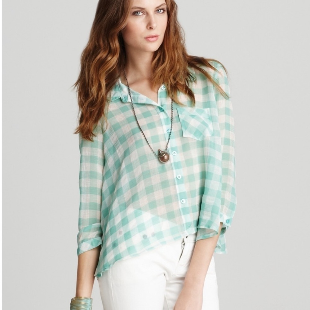 “FREE PEOPLE”  Semi Sheer Hi-Low Buttoned …